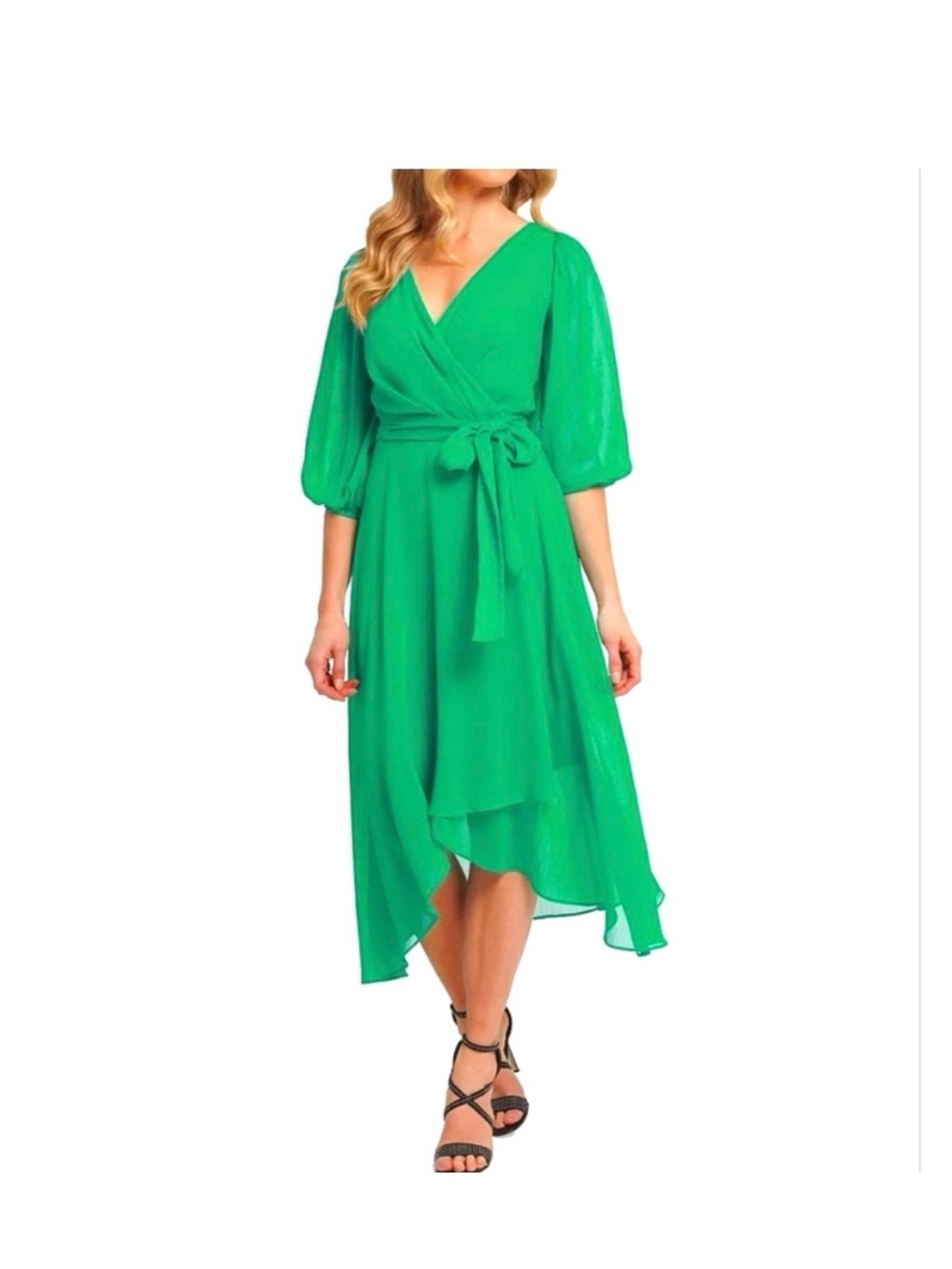 DKNY Emerald Wrap Midi Dress with Tie Waist